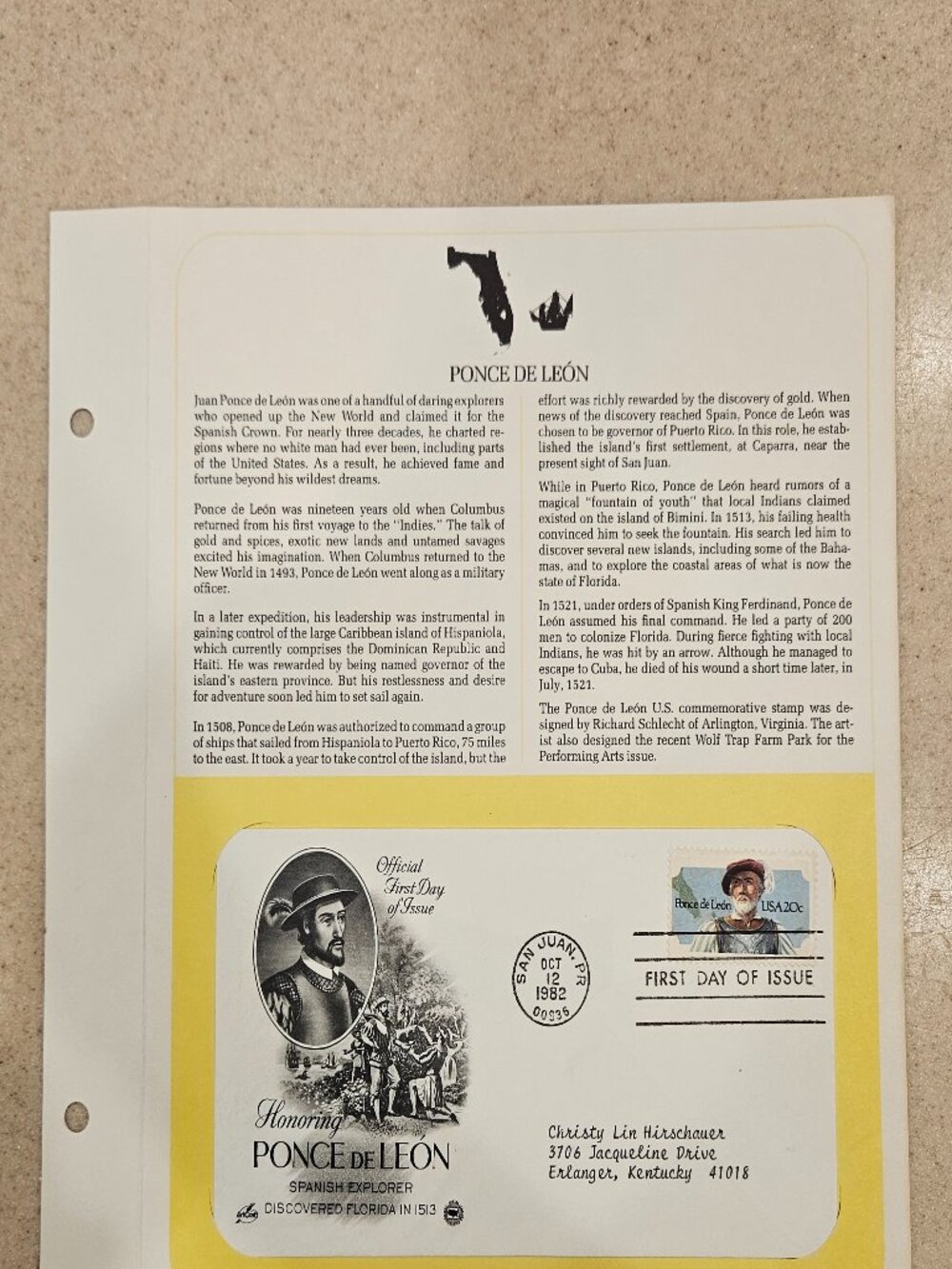 RARE COLLECTIBLE USPS 1ST DAY ISSUE COVER PONCE DE LEON SPANISH EXPLORER STAMP